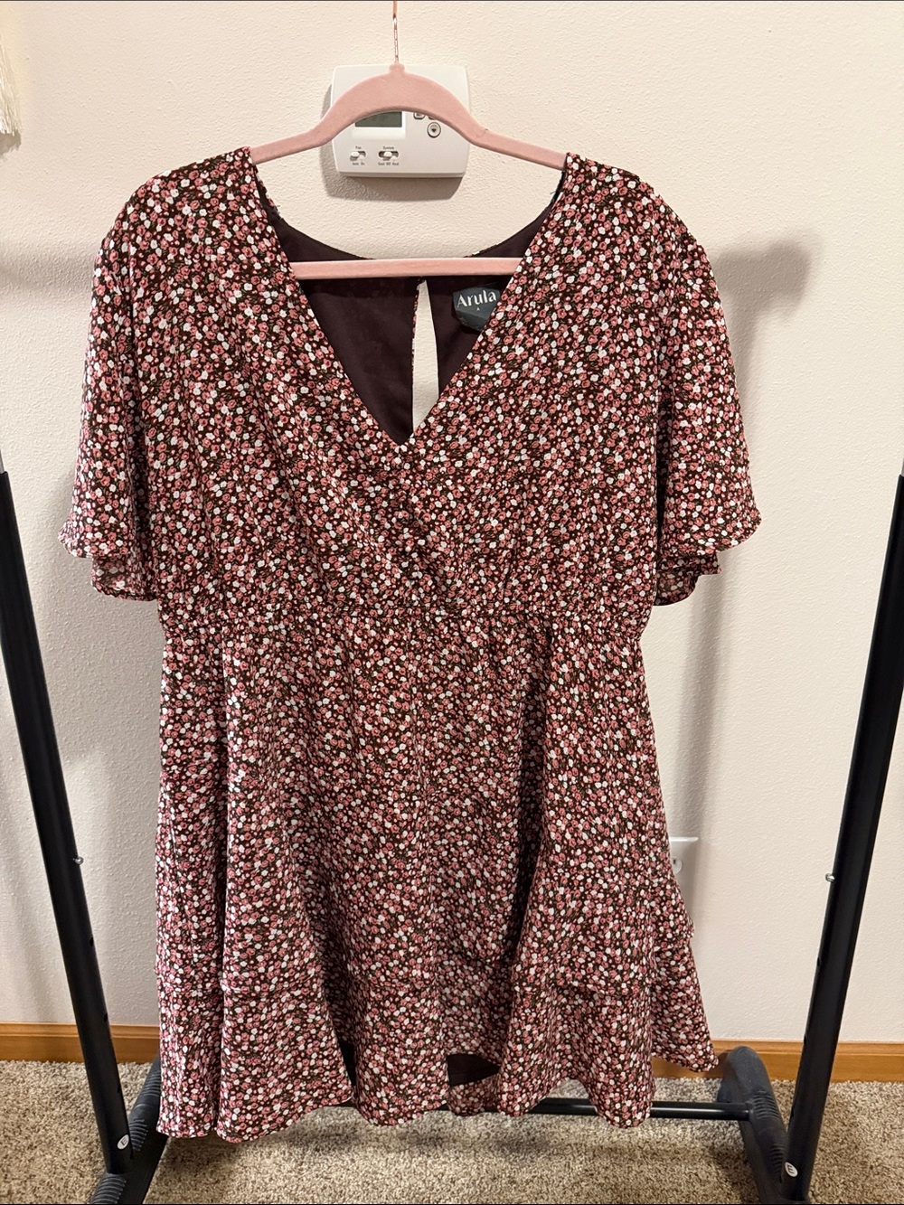 ARULA Burgundy Floral Wrap Mini Dress with Pink and White Daisies